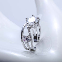 Three layer double silver ring with crystal stones for women's accessories by Bentati Fashion Dubai