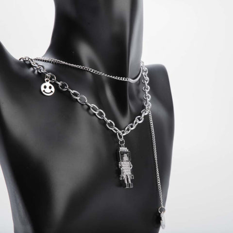 Silver double chain necklace with robot pendant for women's accessories by Bentati Fashion Dubai